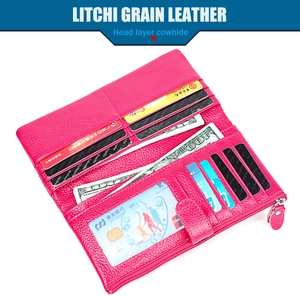 Detailed interior of rose red litchi grain cowhide wallet with multi-card slots
