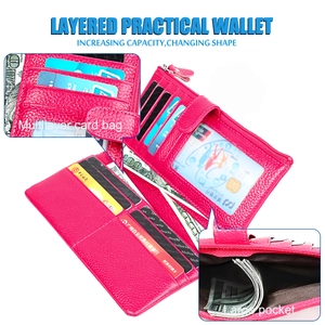 Detail view of pink leather wallet with RFID blocking, card slots and zipper pocket
