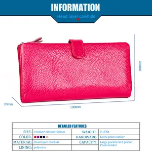 Especificaciones de tamaño detalladas para cartera fucsia de cuero genuino RFID