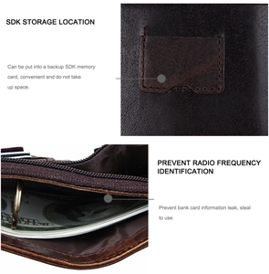 Gros plan de l'intérieur du portefeuille en cuir avec fentes SD et protection RFID