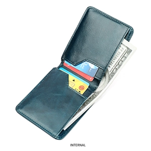 Vista interna del portafoglio RFID in pelle blu con slot per carte e scomparto banconote