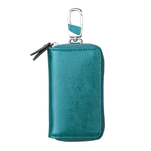 Estuche de cuero genuino verde pavo real para llaves de coche con mosquetón de plata y cremallera