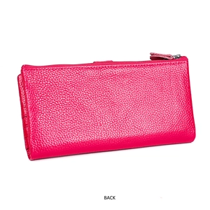 Back view of the rose red pebble grain leather wallet with a premium metal zipper closure