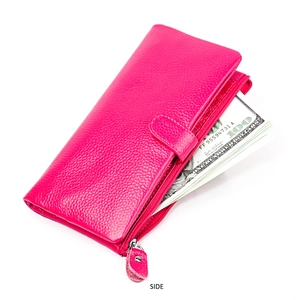 Side view of RFID rose pink pebble leather long wallet showing spacious cash compartment