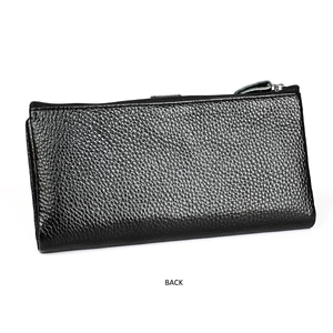 Rear view of a premium black pebble grain leather RFID wallet for women with silver zipper