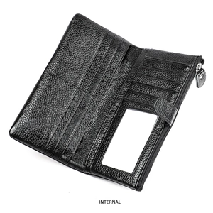 Internal view of black pebble grain leather wallet featuring multiple card slots and zipper