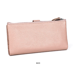 Back view of a long pink RFID cowhide leather wallet with detailed pebble grain texture