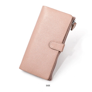 Detailed side view of long RFID cowhide leather wallet with pebble grain texture
