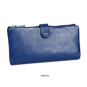 Detailed front view of navy blue pebbled leather wallet with zipper and snap closure