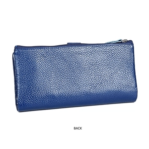 Rear view of deep blue pebbled genuine leather women's wallet with metal zipper