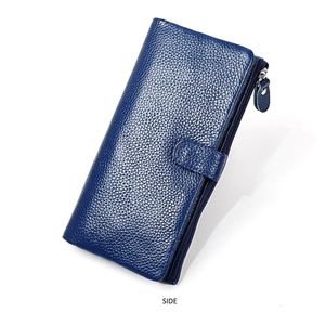 Side view of dark blue litchi grain leather long wallet with zipper and snap closure