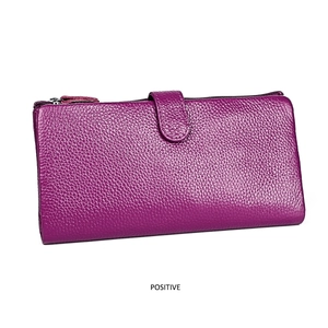 Detailed front view of premium pebbled leather wallet in dark magenta with RFID protection