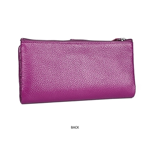 Rear view of purple litchi grain genuine leather long wallet with silver zipper
