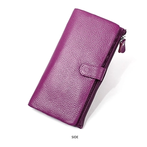 Side view detail of purple lychee grain leather wallet featuring zipper and snap closure