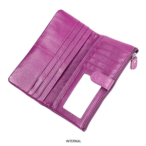 Internal layout of purple RFID genuine leather wallet with card slots and zipper pocket
