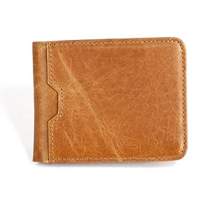 Portafoglio vintage in pelle marrone con protezione RFID e cuciture a contrasto