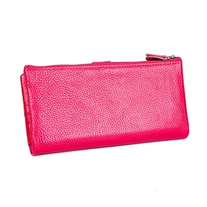 Elegant rose red RFID genuine leather long zip wallet with litchi grain texture