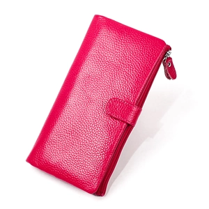 Chic rose red RFID genuine leather long wallet for women with lychee grain texture