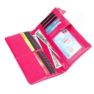 Genuine leather RFID wallet for women with card slots and a rose red pebbled finish
