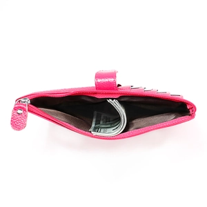 Rose red genuine leather RFID wallet for women with zipper closure and large capacity