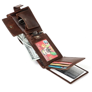 Detail view of leather wallet interior with coin pocket, card slots and ID window