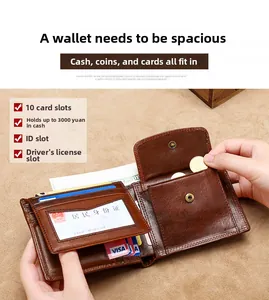 Detailed view of dark brown genuine leather wallet with multiple card slots and coin pocket