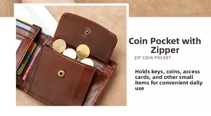 Detail of genuine cowhide leather wallet featuring a snap button coin pocket and card slots