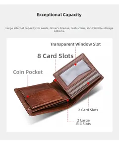 Detailed interior of a dark brown leather wallet showing multiple card slots and bill pockets