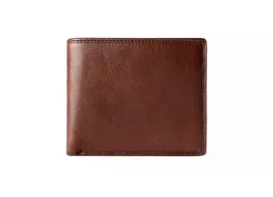 Front view of brown leather bifold wallet showing fine grain texture and double stitching