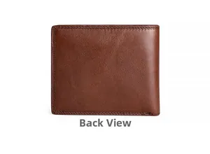 Detailed back view of a brown genuine cowhide leather bifold wallet with reinforced stitching