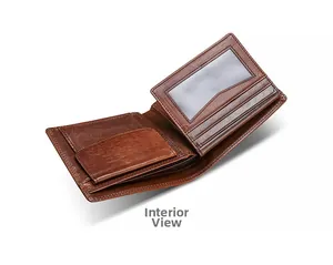 Interior view of brown leather wallet with card slots, ID window and coin pocket