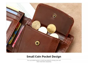 Detail view of a men's genuine leather wallet featuring a snap-button coin pocket and card slots