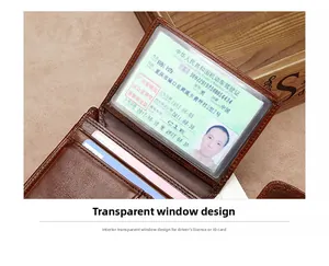 Close-up of brown genuine leather wallet interior with multiple card slots and clear window