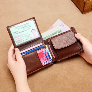 Men Bifold Wallet Genuine Cowhide Leather RFID Blocking Multi Card Slots Coin Pocket ID Window Business Casual Purse