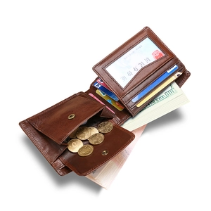Brown leather bifold wallet for men featuring multiple card slots and a coin pocket