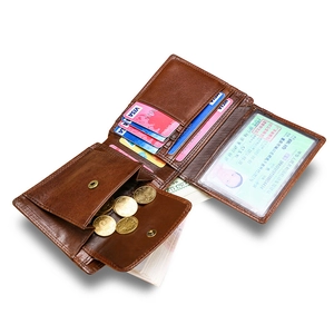 Short bifold brown leather wallet for men featuring multi card slots and coin pocket