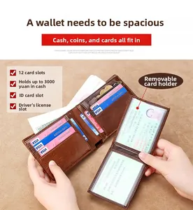 Interior detail of a brown leather tri-fold wallet showing 12 card slots and ID window