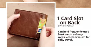 Detail of genuine leather wallet showing the functional back card slot and zip coin pocket
