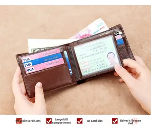 Interior view of brown leather wallet with card slots, ID window and zipper coin pocket