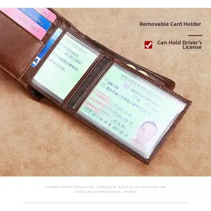 Close-up of brown leather wallet featuring multi-card slots and a detachable ID card holder