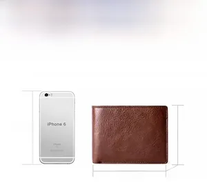 Brown vintage genuine leather wallet size comparison with mobile phone dimensions