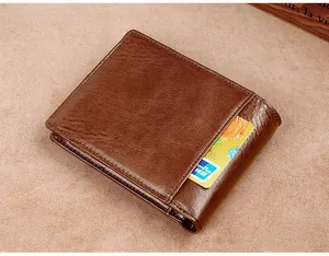 Detail view of the back slot on a genuine leather men's wallet with a quick-access card