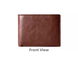 Front view of genuine leather men's wallet showing rich grain texture and stitching