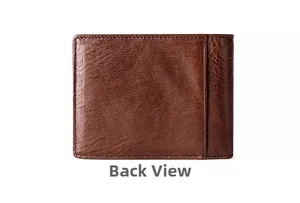 Detail view of the back of a genuine leather men's wallet with one card slot and stitching