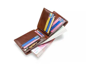 Detail view of brown leather wallet interior showing multiple card slots and coin pocket