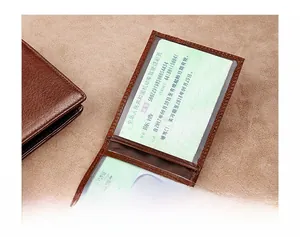 Detail view of genuine leather wallet featuring an internal transparent ID card window