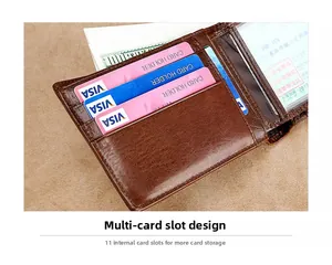 Detail view of genuine leather bifold wallet showing multiple card slots and clear ID window