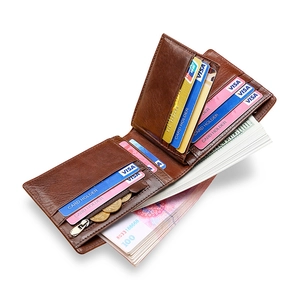 Retro brown genuine leather men's bifold wallet with card slots and coin pocket