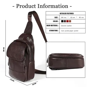 Detailed size chart for genuine leather men chest bag showing 340x170x65mm dimensions