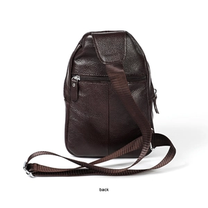 Back view of dark brown genuine leather chest bag with zipper pocket and nylon strap